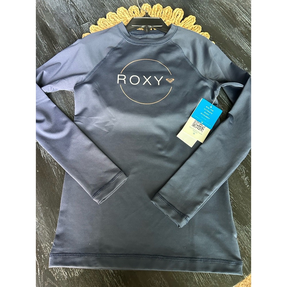 Roxy Girls M 10 Whole Hearted LONG Sleeve RASH GUARD SWIM SHIRT‎ UPF 50+ BLUE
